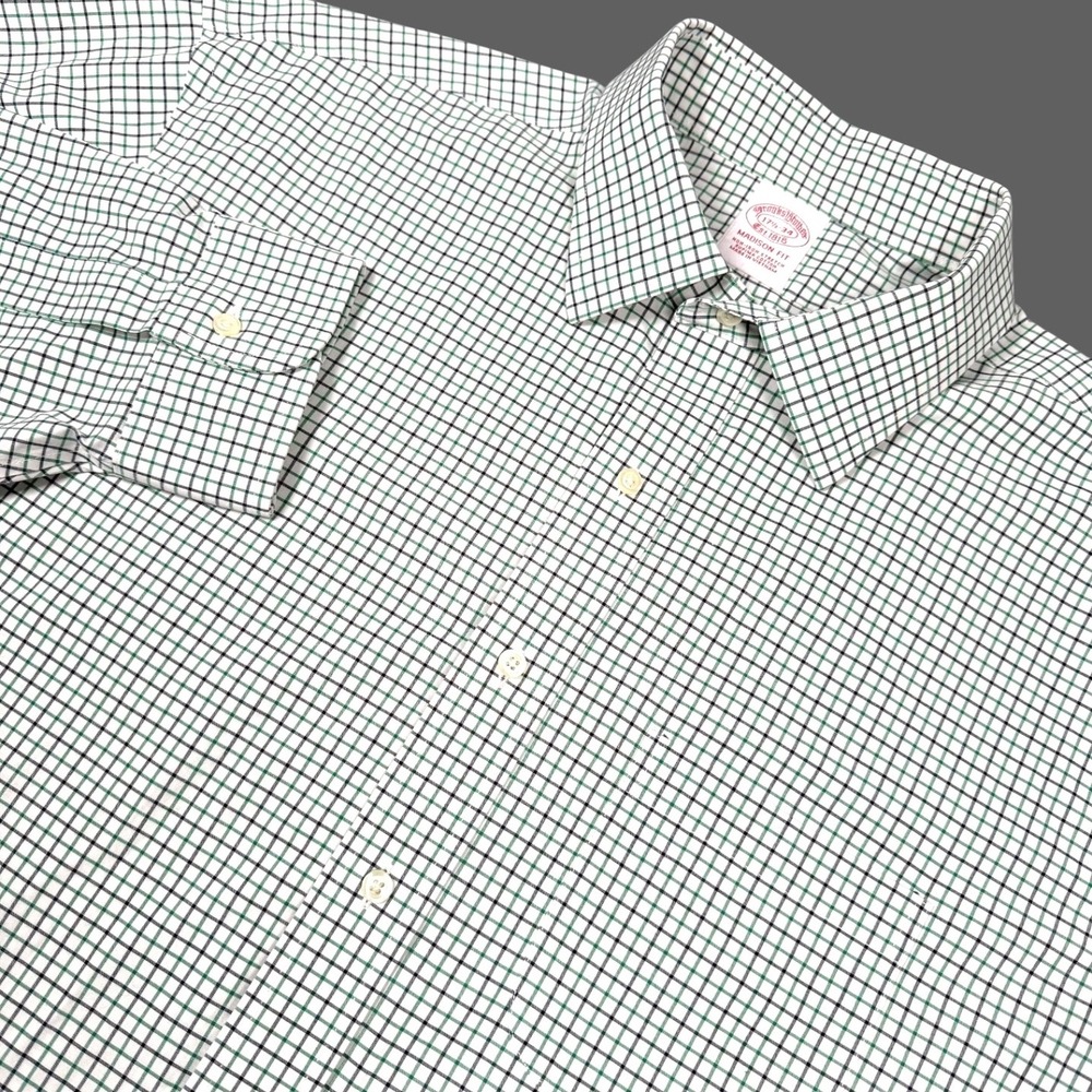 Brooks Brothers Madison Fit  Shirt Men 17.5-34 White Blue Green Check Non-Iron